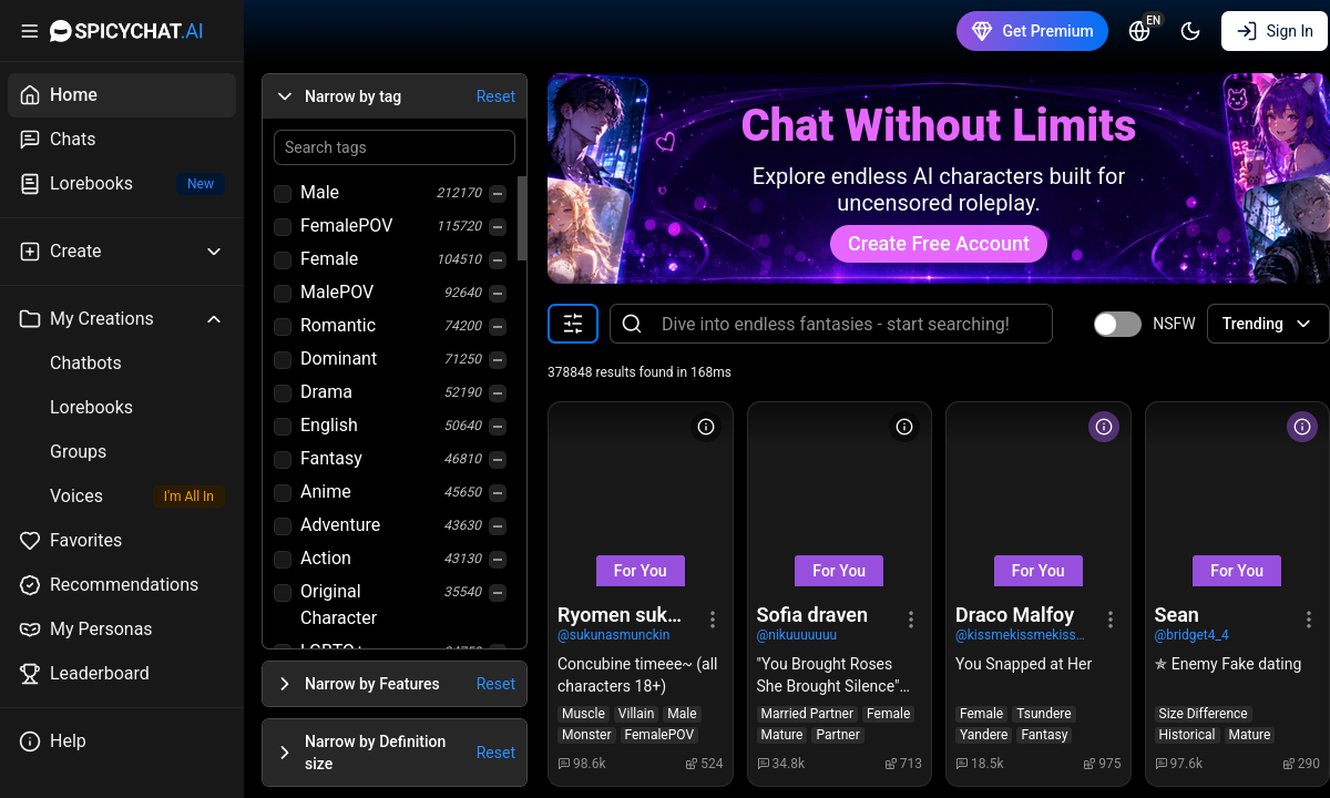 SpicyChat.AI official platform preview